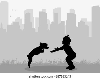 silhouette of a child and a dog on a city background