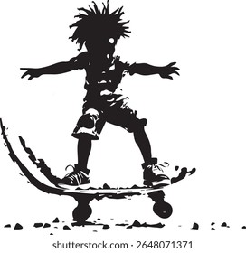 A silhouette of a child with dreadlocks riding a skateboard, set against a clean white background in black and white