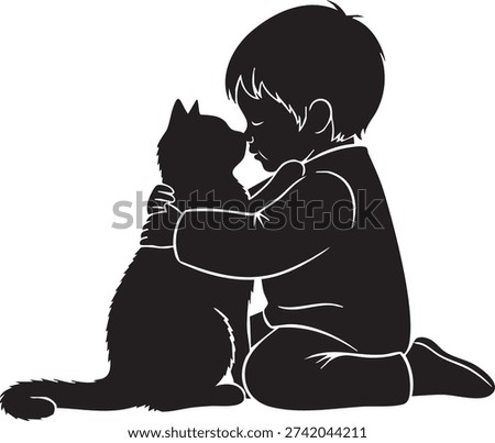 Silhouette of a child embracing a cat with closed eyes in a tender moment girl