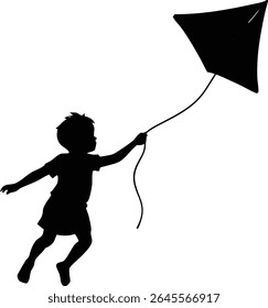 Silhouette Of A Child Flying A Kite - High Quality Vector Graphic