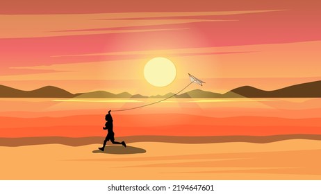 Silhouette de niños volando cometas al atardecer en la playa. Ilustración del vector