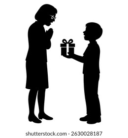 Silhouette of child giving gift to woman vector illustration present surprise celebration birthday 100char