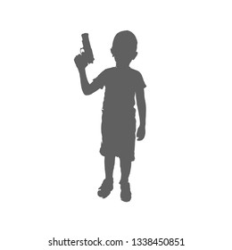 Silhouette Of A Child And A Gun, Standing And Holding Up. The Boy Is Playing War.