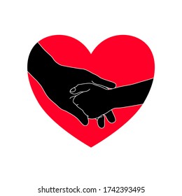 The silhouette of child hand is gentle holding the finger of the dad with love and happy in the red heart shape. Family stay together. Holiday spending time. Love and give concept.