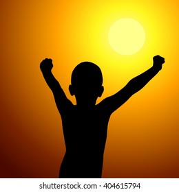 silhouette child hands up On the Sunset. Vector