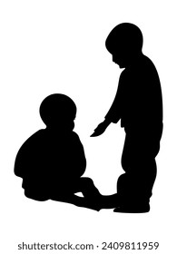 silhouette of a child helping his friend to stand up, isolated vector on white background