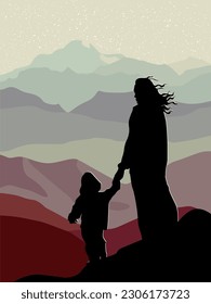 Silhouette of a child with his mother looking at the mountain landscape.
