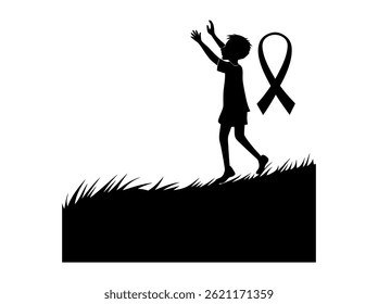 Silhouette of child holding AIDS awareness ribbon on World AIDS Day.A powerful silhouette of a child holding a red ribbon, symbolizing awareness for World AIDS Day. symbol, international, global, post
