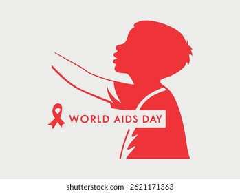 Silhouette of child holding AIDS awareness ribbon on World AIDS Day.A powerful silhouette of a child holding a red ribbon, symbolizing awareness for World AIDS Day. symbol, international, global, post
