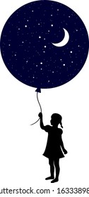 silhouette child holding a big balloon with night and moon inside