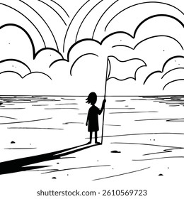 silhouette of a child, holding a flag, standing on a beach, dramatic sky, curved clouds, ocean waves