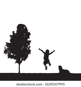 Silhouette of a child jumping in the air with a tree and a dog against a plain background.