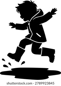 Silhouette of a child jumping over puddle