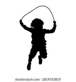 Silhouette of a child jumping rope, capturing movement and energy, isolated on a plain background, emphasizing childhood play and physical activity.