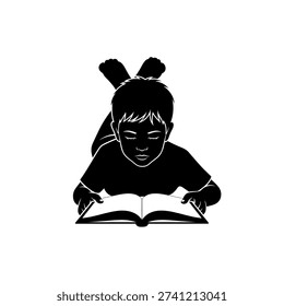 Silhouette of a child lying down, deeply focused on reading a book, illustrating early literacy and quiet learning.