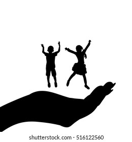 a silhouette of a child on palm, isolated, vector