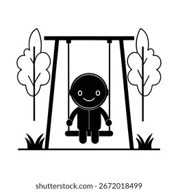 Silueta del niño en el columpio fijado en el elemento del Diseño gráfico de la Ilustración vectorial del patio del parque