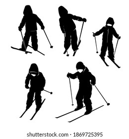 Silhouette Of A Child On A White Background, Winter, Skiing, For Design