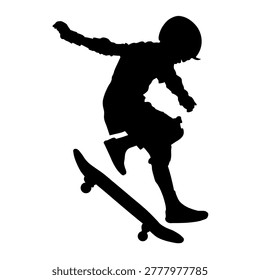 A silhouette of a child performing a trick on a skateboard.