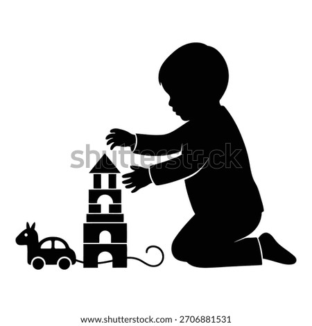Silhouette child playing with building blocks and toy car vector