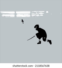 Silhouette of a child playing hockey, skating. On a big field