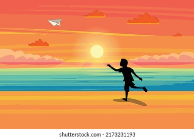 Silhouette of child playing with paper airplane in the sunset. Vector illustration