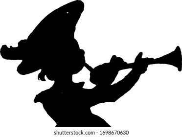 Silhouette of child playing pipe, vintage line drawing or engraving illustration