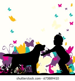 silhouette of a child playing with a puppy, childhood