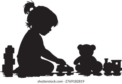 a silhouette of a child playing with a toy train and a teddy bear on the floor, with blocks stacked to the left