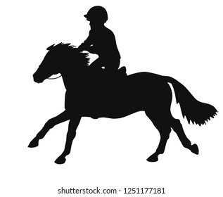 Silhouette of a child racing on a pony.
