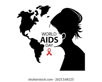 Silhouette of child raising awareness ribbon for World AIDS Day. silhouette of a child reaching for a red awareness ribbon, set against a stylized world map backdrop. global, prevention, awareness cam