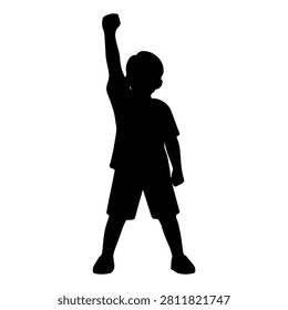 Silhouette of a child raising one hand in victory or celebration, emphasizing joy, achievement, and youthful energy in a simple black and white design.