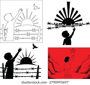 Silhouette of a child reaching towards a bird and a rising sun behind a barbed wire fence.