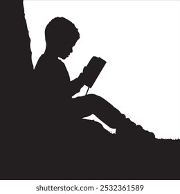 Silhouette of a child reading a book against a bright sky, evoking imagination and focus.