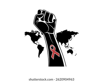 Silhouette of child with red ribbon for AIDS Awareness Day. against a backdrop of grass and the World AIDS Day logo.  HIV, awareness, child, silhouette, vulnerable, hope, support, reaching,  graphic d