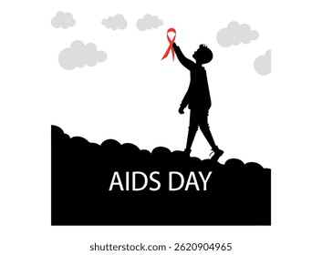Silhouette of child with red ribbon for AIDS Awareness Day. against a backdrop of grass and the World AIDS Day logo.  HIV, awareness, child, silhouette, vulnerable, hope, support, reaching,  graphic d