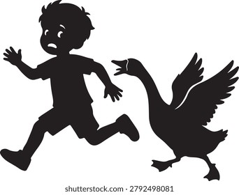Silhouette of a child running from an aggressive goose