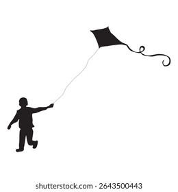 Silhouette of Child Running with Kite on White Background