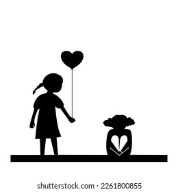 Silhouette of a child shares a heart shaped balloon with a other child sitting alone.