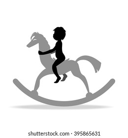 Silhouette Of A Child Sitting On A Toy Pony On A White Background.