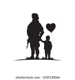 Silhouette Of Child With Soldier.Child Safetyillustration. Stop War