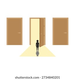Silhouette of a child standing before three doors with one open and glowing light.