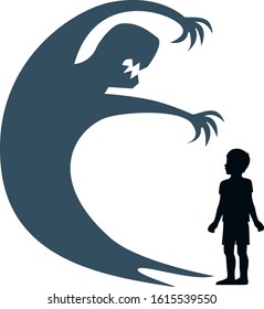 Silhouette Child Stands And The Shadow Of A Monster On The Wall