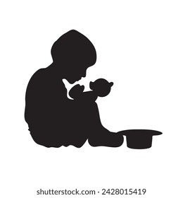 Silhouette of a child with a toy bear on his knees begging