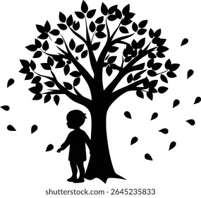 Silhouette Of A Child Under Autumn Tree - Premium Design Element