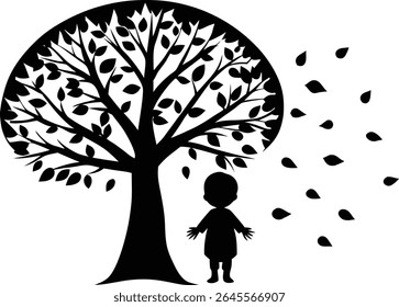 Silhouette Of A Child Under Autumn Tree - Nature Inspired Digital Art