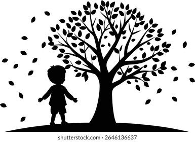 Silhouette Of A Child Under Autumn Tree - High Quality Vector Graphic