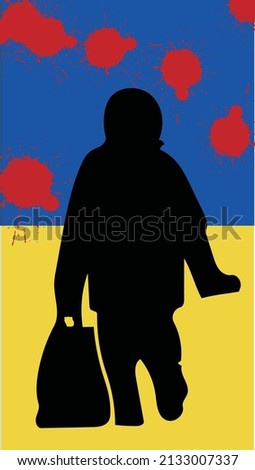 Silhouette of a child walking alone with something in his hands, blood on the Ukrainian flag, symbolizing the brutality of the war in Ukraine. Vector.
