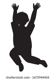 The silhouette of a child who jumps with both hands up. Black and white vector illustration