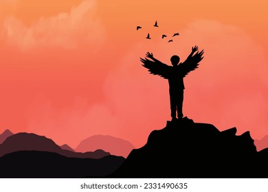 Silhouette of a child with wings who wants to fly. Freedom concept. Imagination concept. Vector art.